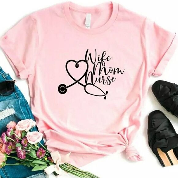 Wife 💍 Mom ❤ Nurse 👩‍⚕️ Graphic Custom Tee Shirt - Picture 1 of 4